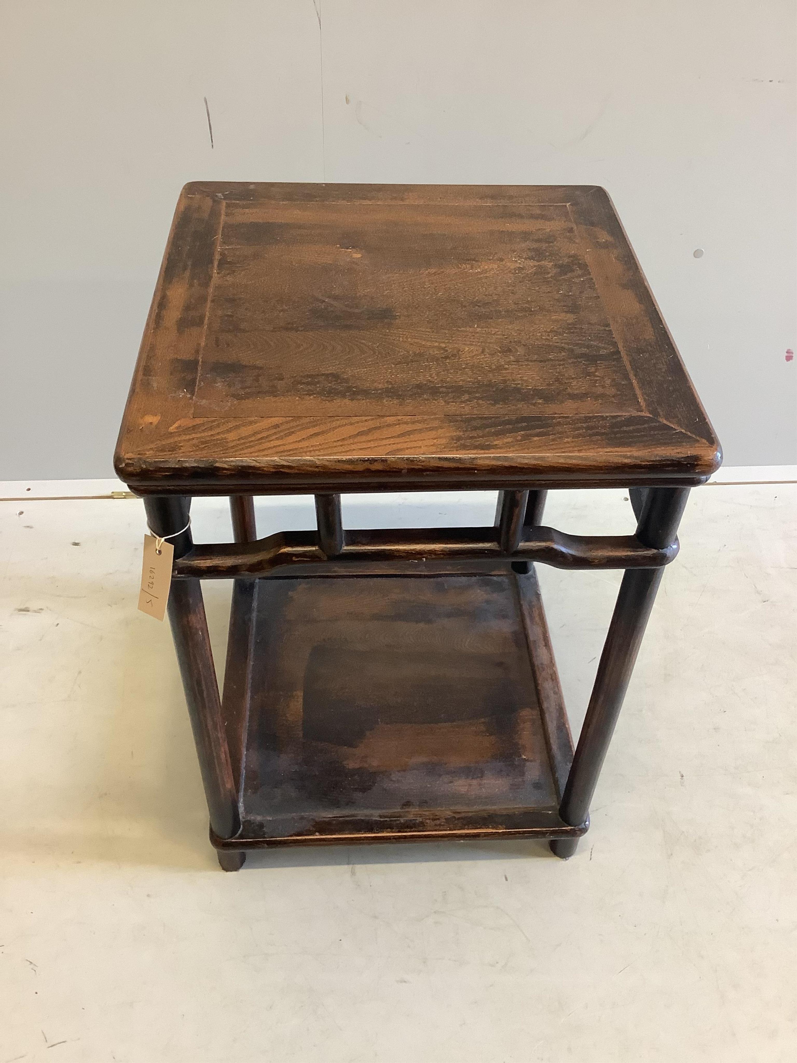 A Chinese elm square two tier table, 49cm, height 71cm. Condition - fair